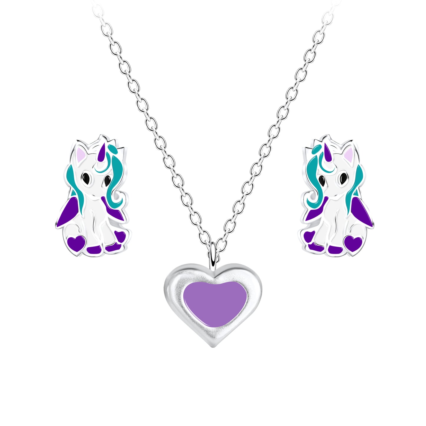 Children's Sterling Silver Heart Necklace & Unicorn Stud Earrings Set