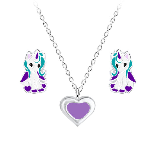 Children's Sterling Silver Heart Necklace & Unicorn Stud Earrings Set