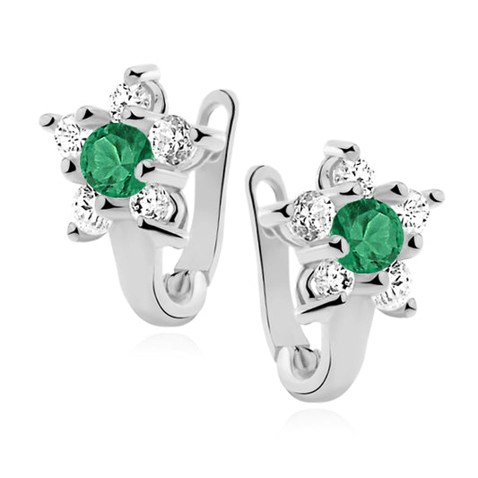 Sterling Silver Emerald CZ Flower Lever Back Earrings