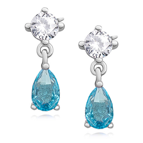 Sterling Silver CZ Aquamarine Pear Shaped Rhodium Plated Drop Earrings - Melchior Jewellery 