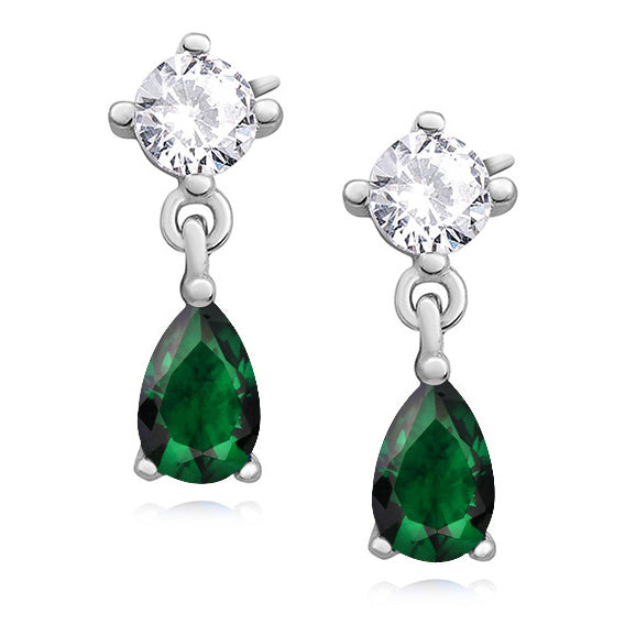 Sterling Silver CZ Emerald Pear Shaped Rhodium Plated Drop Earrings