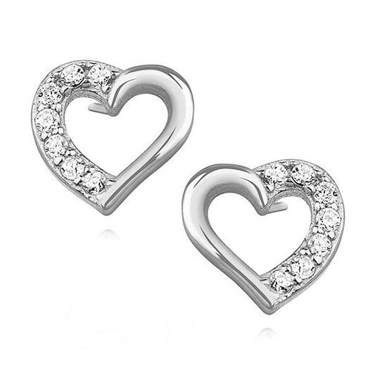 Sterling Silver Small Open Heart White CZ Stud Earrings
