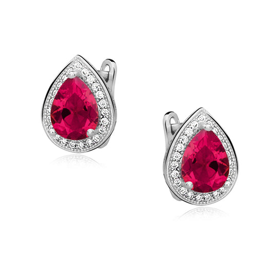 Sterling Silver Pear Shape Ruby & White Cubic Zirconia Lever Back Earrings