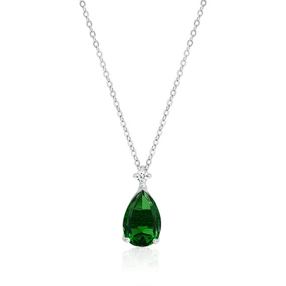 Sterling Silver CZ Emerald Teardrop Pendant Necklace