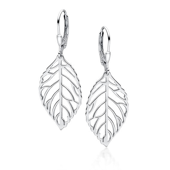 Sterling Silver Leaf Feather Lever Back Earrings