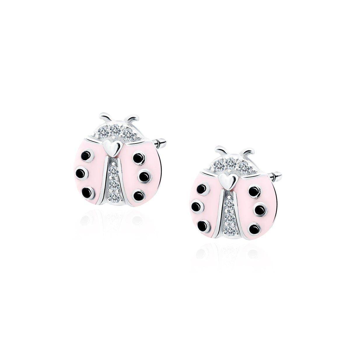 Children's Sterling Silver Pink Ladybird With Heart Stud Earrings