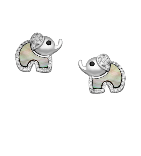 Sterling Silver Elephant CZ & Shell Stud Earrings