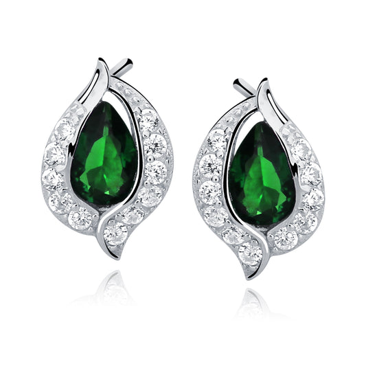 Sterling Silver Pear Shape Emerald & Cubic Zirconia Stud Earrings