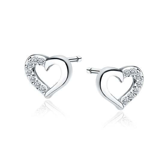 Sterling Silver Small Open Heart White CZ Stud Earrings