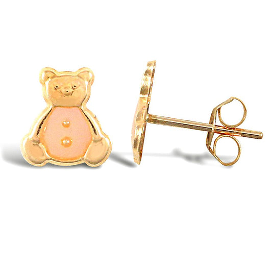 Children's 9ct Yellow Gold Pink Enamel Teddy Bear Stud Earrings