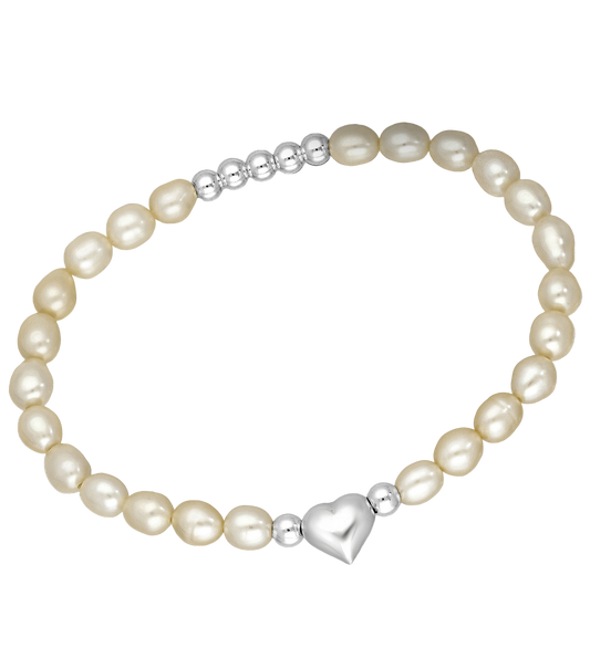 Sterling Silver Heart Elastic Beaded freshwater Pearls Bracelet