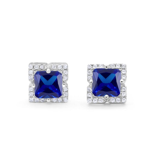 Sterling Silver Halo Princess Cut Bridal Blue Sapphire CZ Stud Earrings