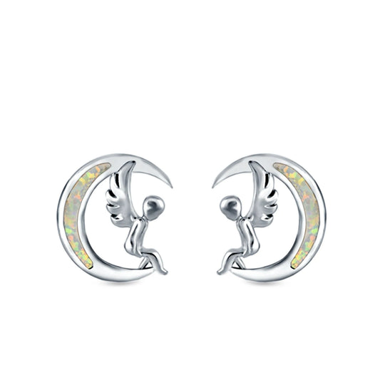 Sterling Silver Moon & Angel White Opal Stud Earrings