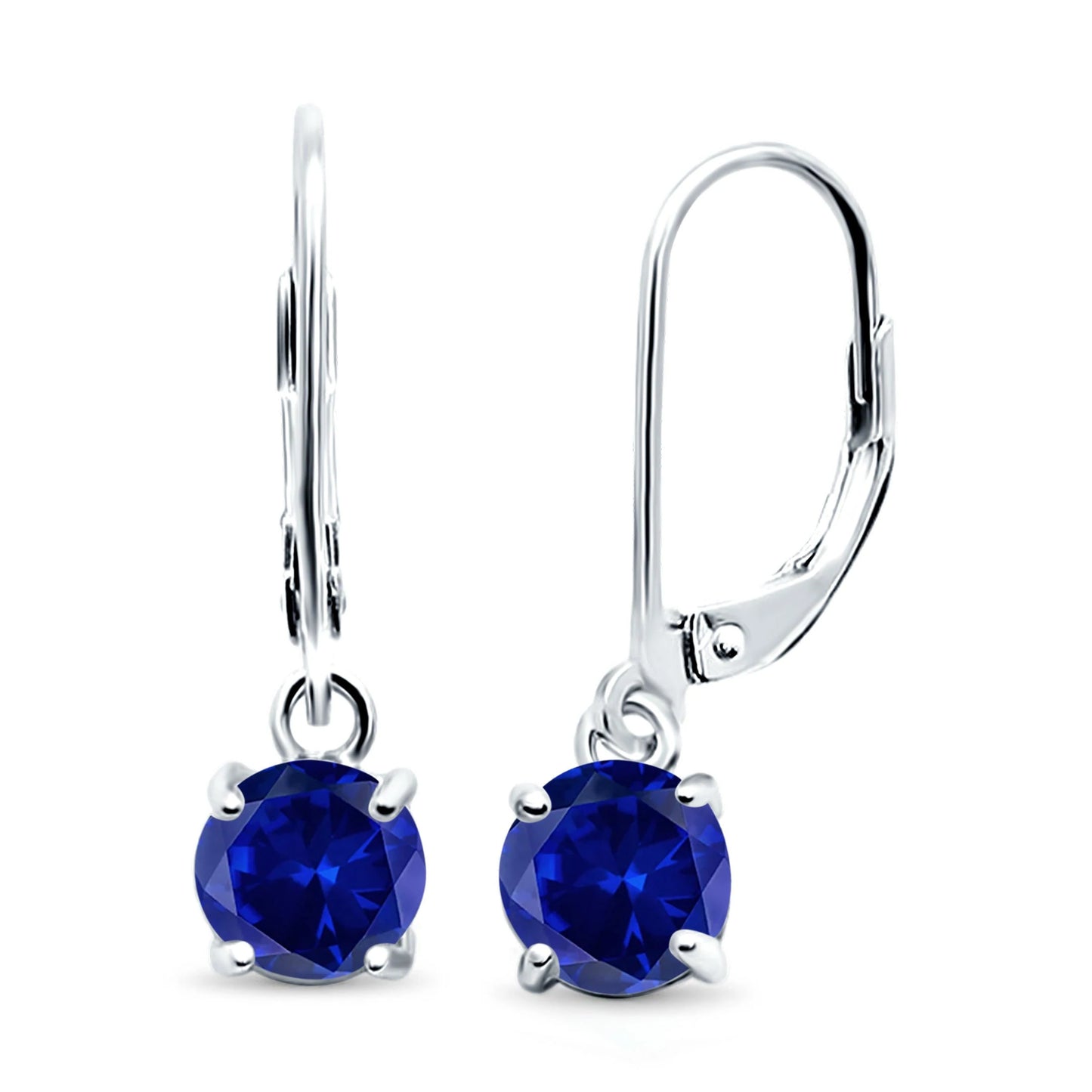 Sterling Silver Round Solitaire Sapphire CZ Leverback Earrings