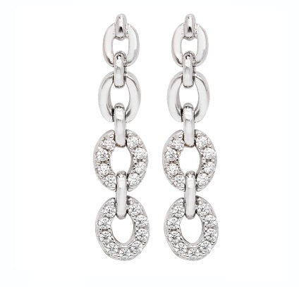 Sterling Silver White Zirconia Stone Set Drop Link Earrings