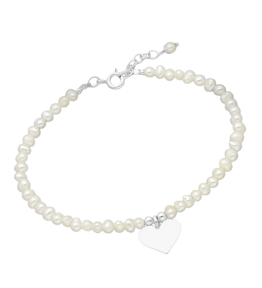 Sterling Silver White Freshwater Pearl Adjustable Bracelet With Heart Charm