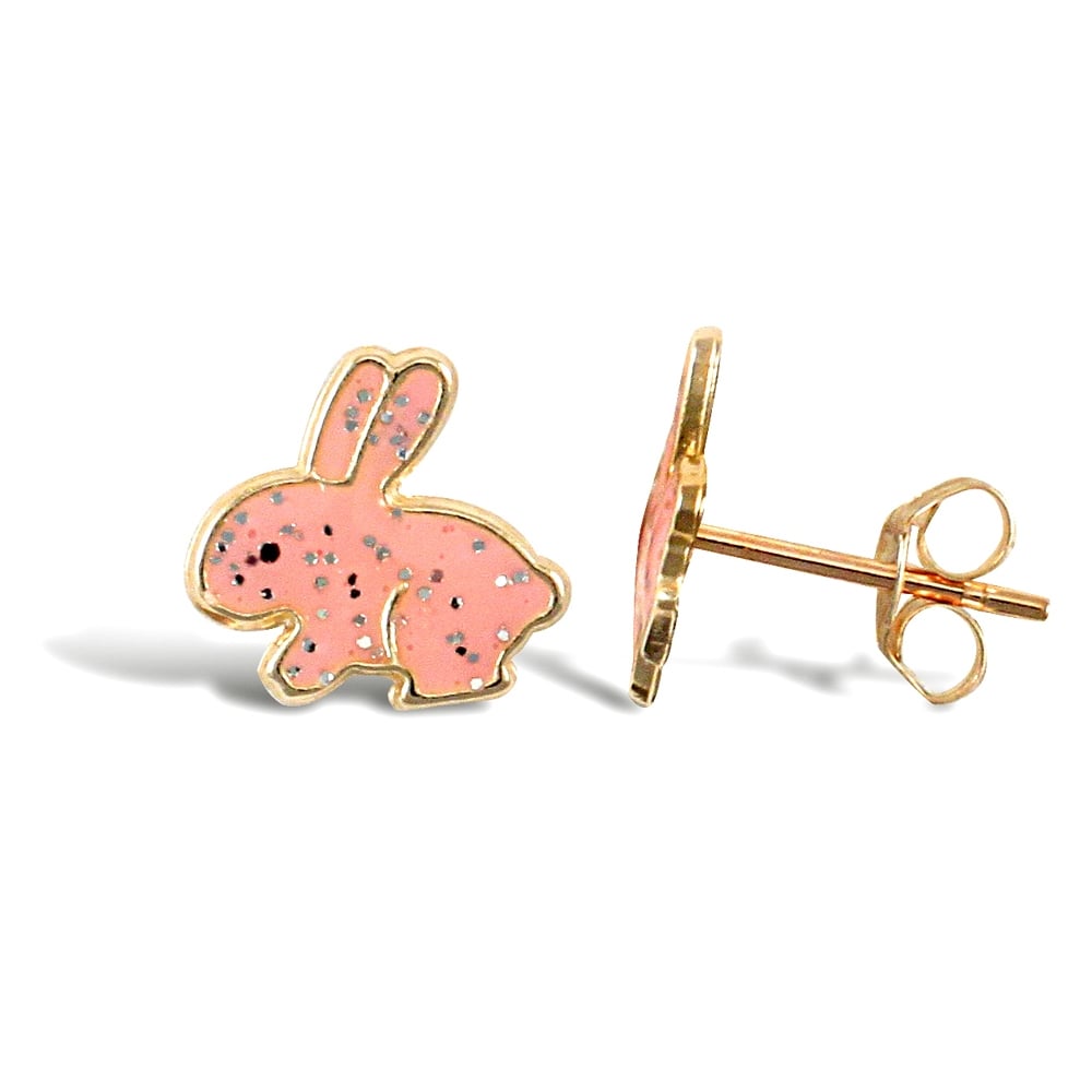 Children's 9ct Yellow Gold Pink Enamel Rabbit Stud Earrings