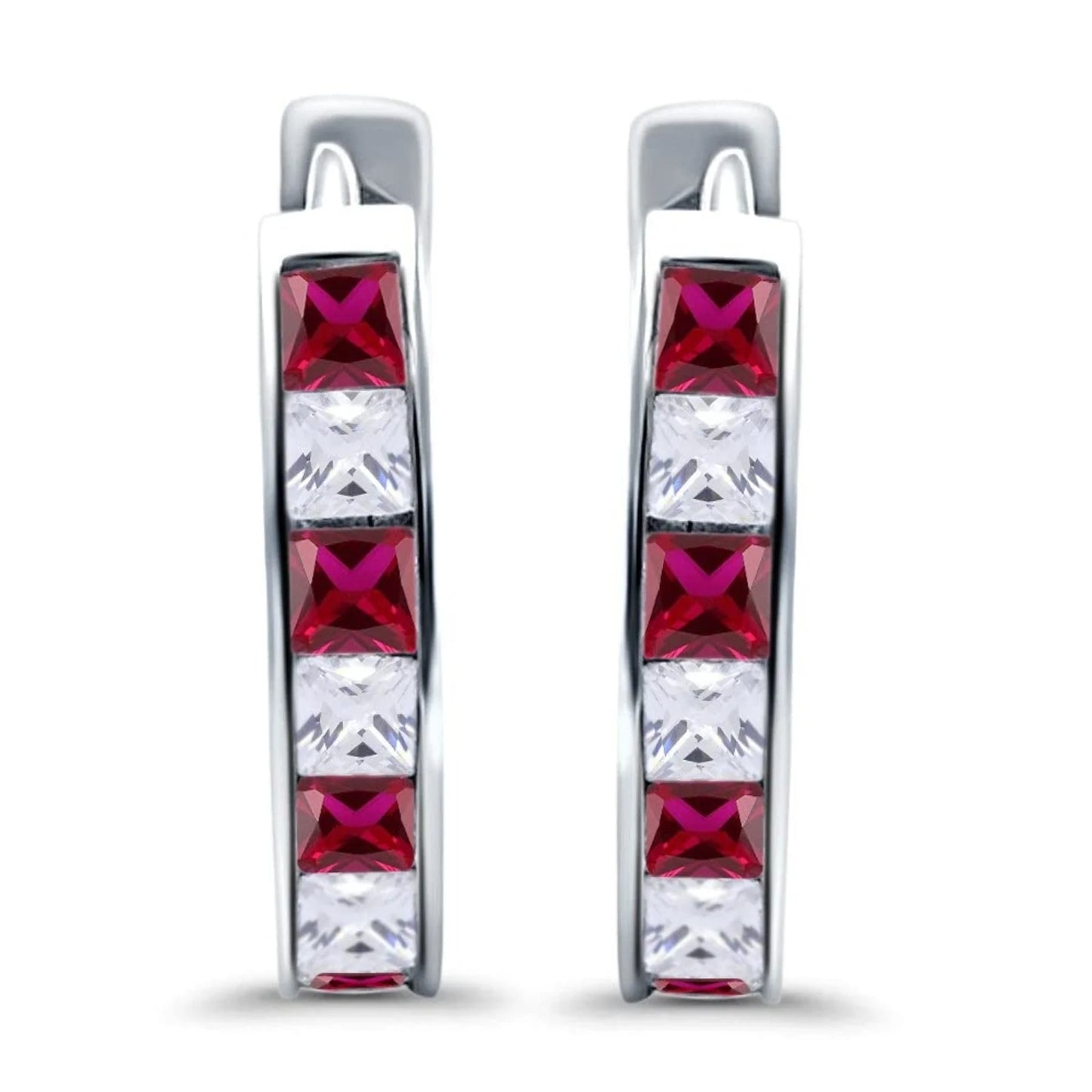 Sterling Silver Princess Cut Half Hoop CZ Ruby Earrings