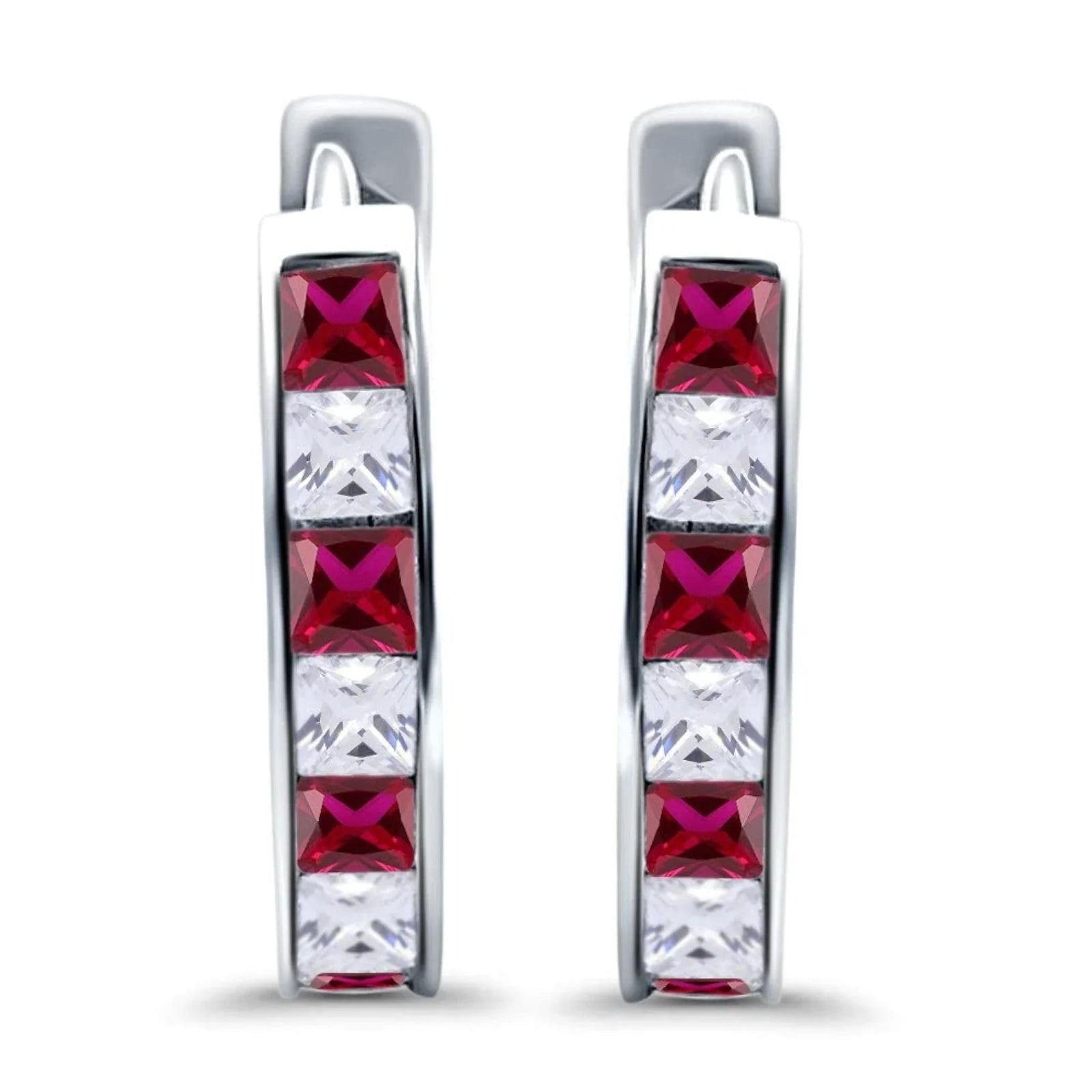 Sterling Silver Princess Cut Half Hoop CZ Ruby Earrings - Melchior Jewellery 