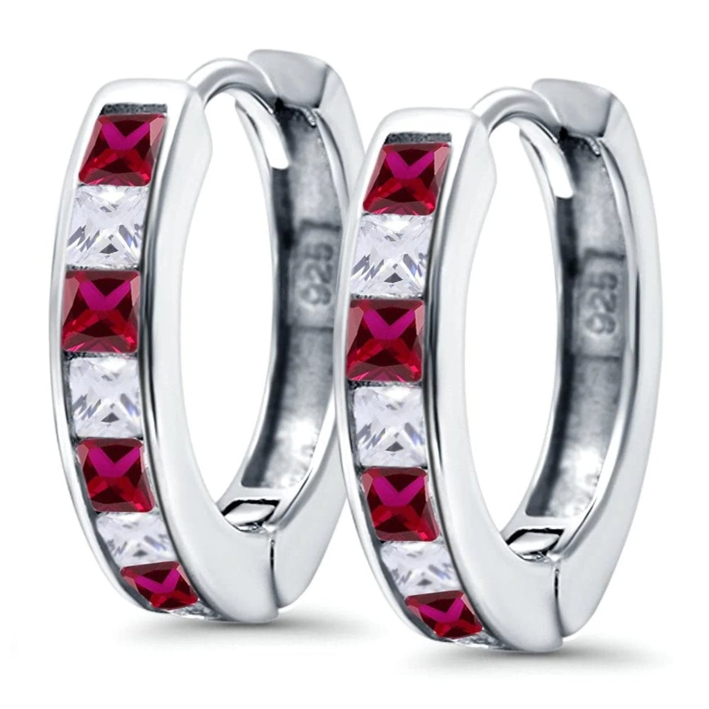 Sterling Silver Princess Cut Half Hoop CZ Ruby Earrings