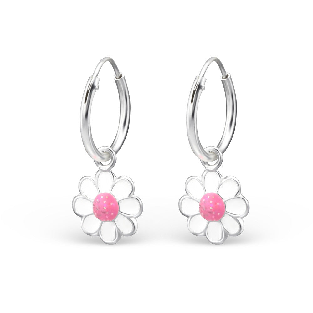 Children's Real Sterling Silver Hoop Earrings With Pink & White Daisy Flower - Spoilurself