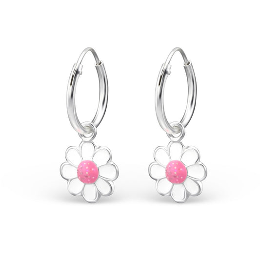 Children's Real Sterling Silver Hoop Earrings With Pink & White Daisy Flower - Spoilurself