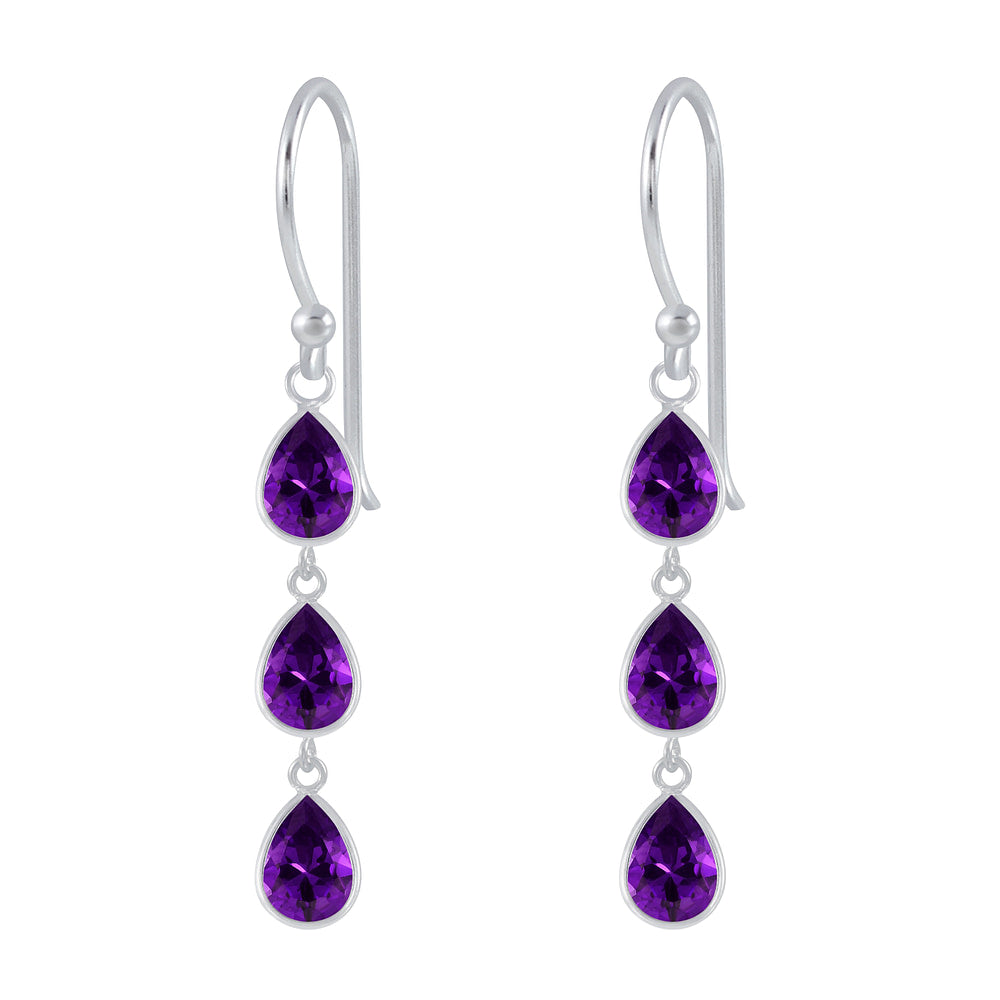 Sterling Silver Triple Amethyst Cubic Zirconia Teardrop Earrings