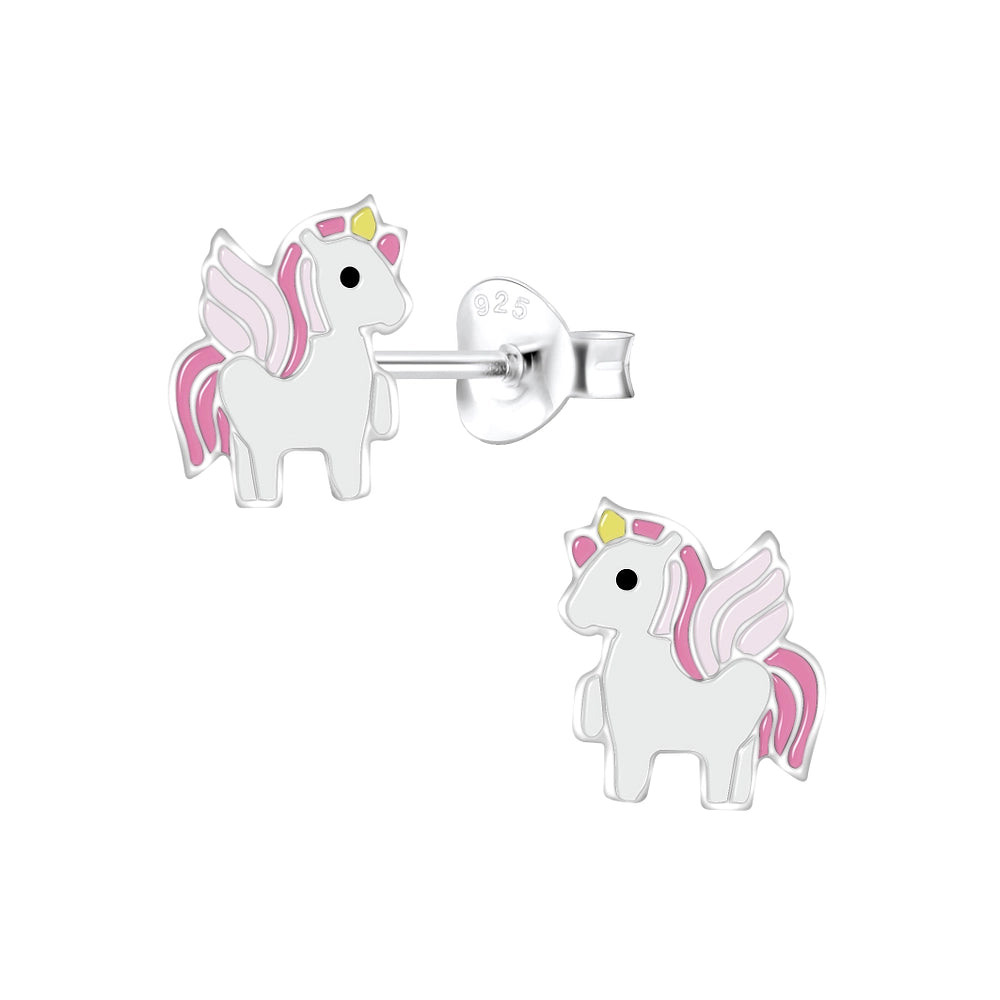 Children's Sterling Silver Pink & White Unicorn Stud Earrings