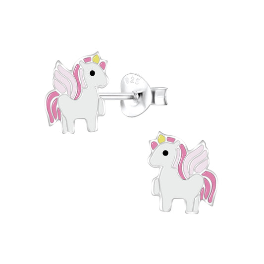 Children's Sterling Silver Pink & White Unicorn Stud Earrings