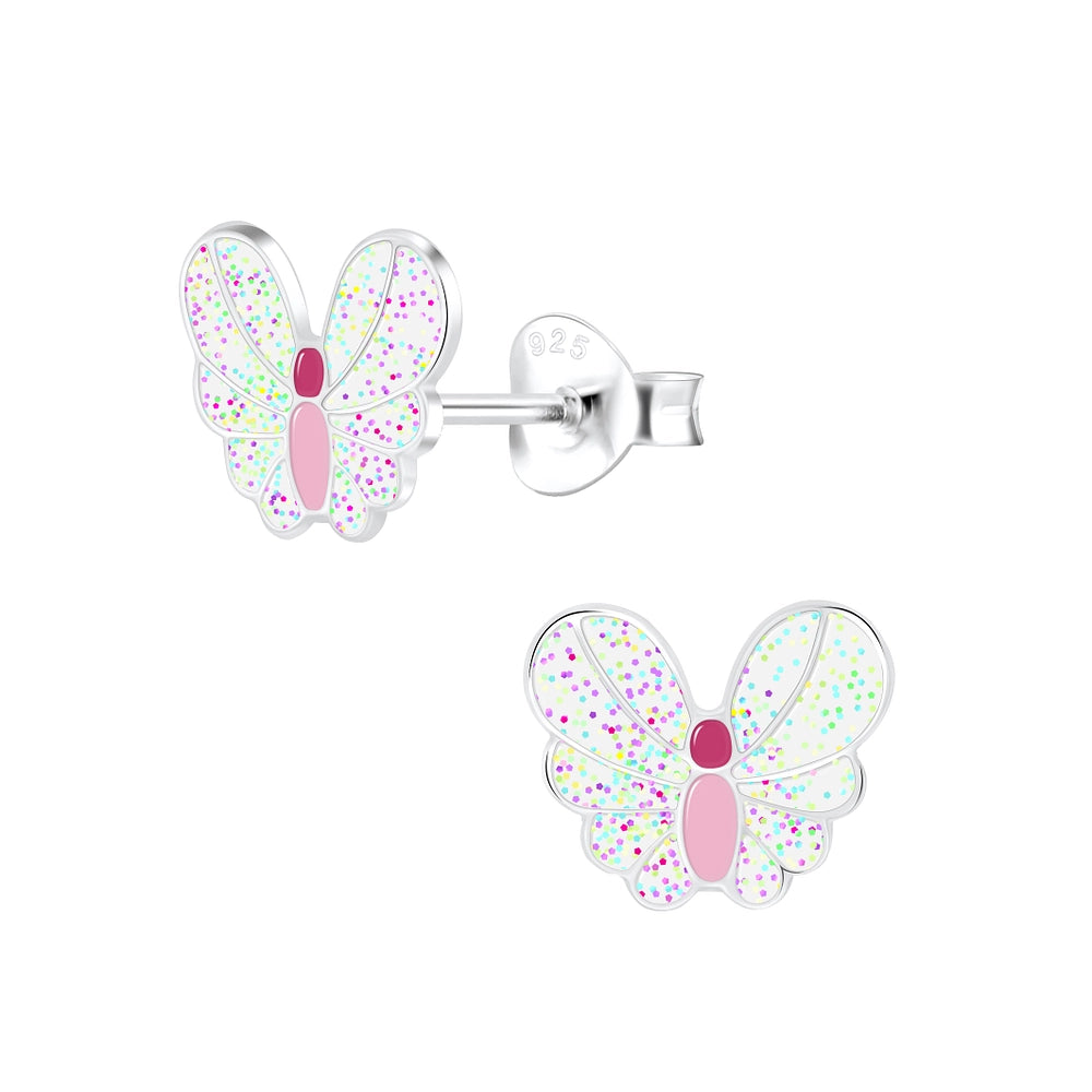 Children' Sterling Silver White Glitter Butterfly Stud Earrings