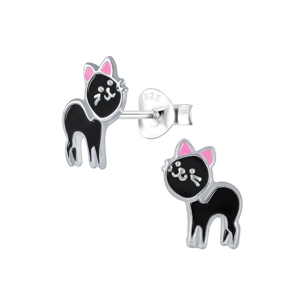Children's Sterling Silver Lucky Black Cat Stud Earrings