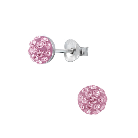 Children's Sterling Silver Pink Crystal Half Ball Stud Earrings