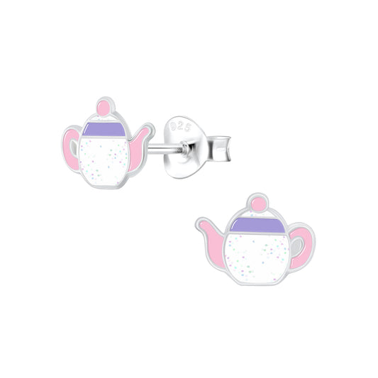 Children's Sterling Silver Sparkly Teapot Stud Earrings