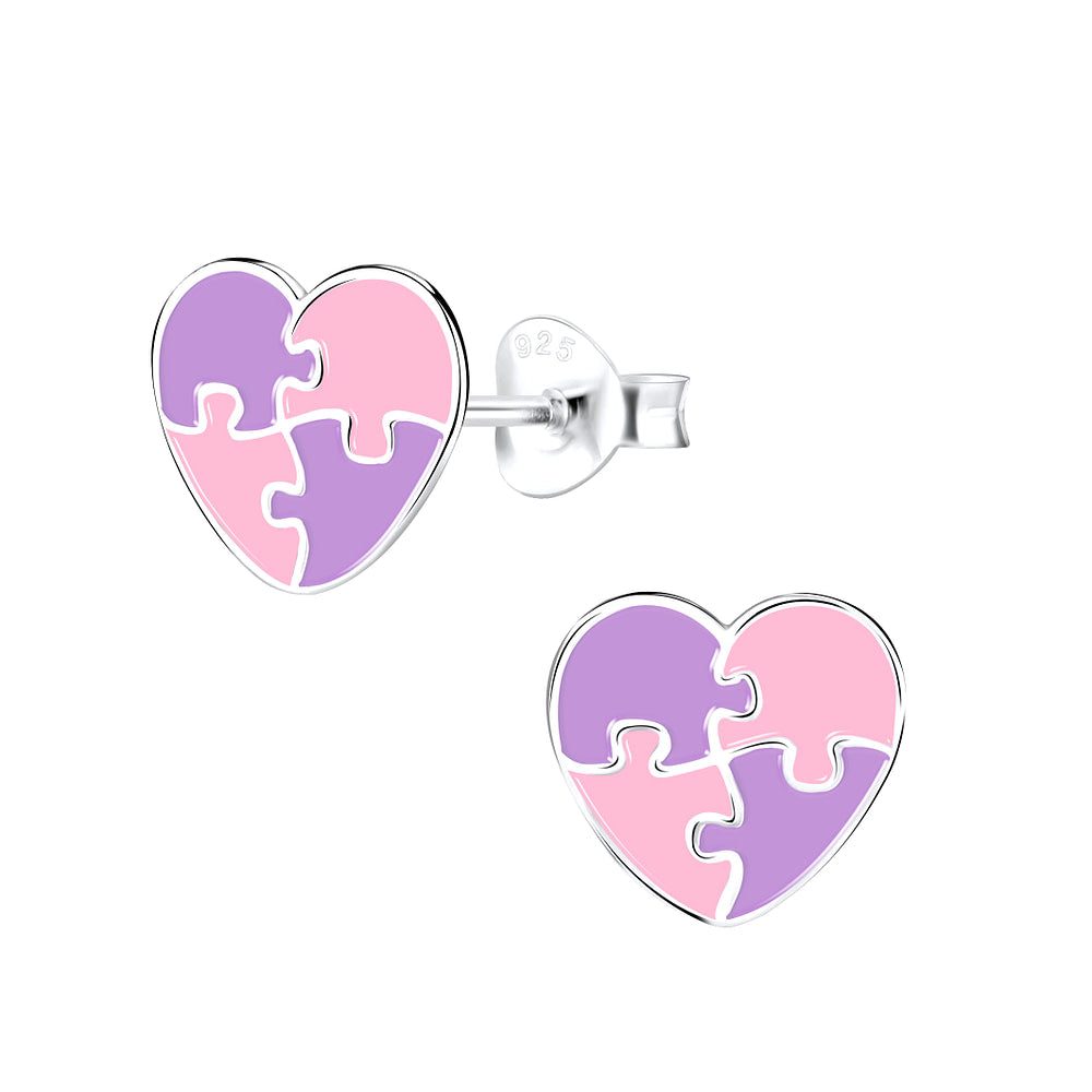 Children's Sterling Silver Jigsaw Heart Stud Earrings