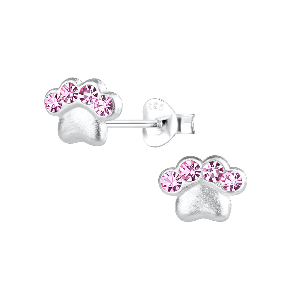 Children's Sterling Silver Pink CZ Dog Paw Print Stud Earrings