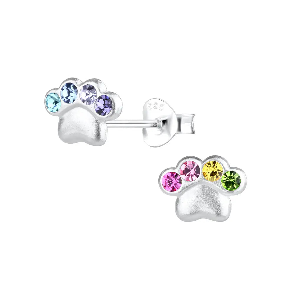 Children's Sterling Silver Colourful Dog Paw Print Stud Earrings