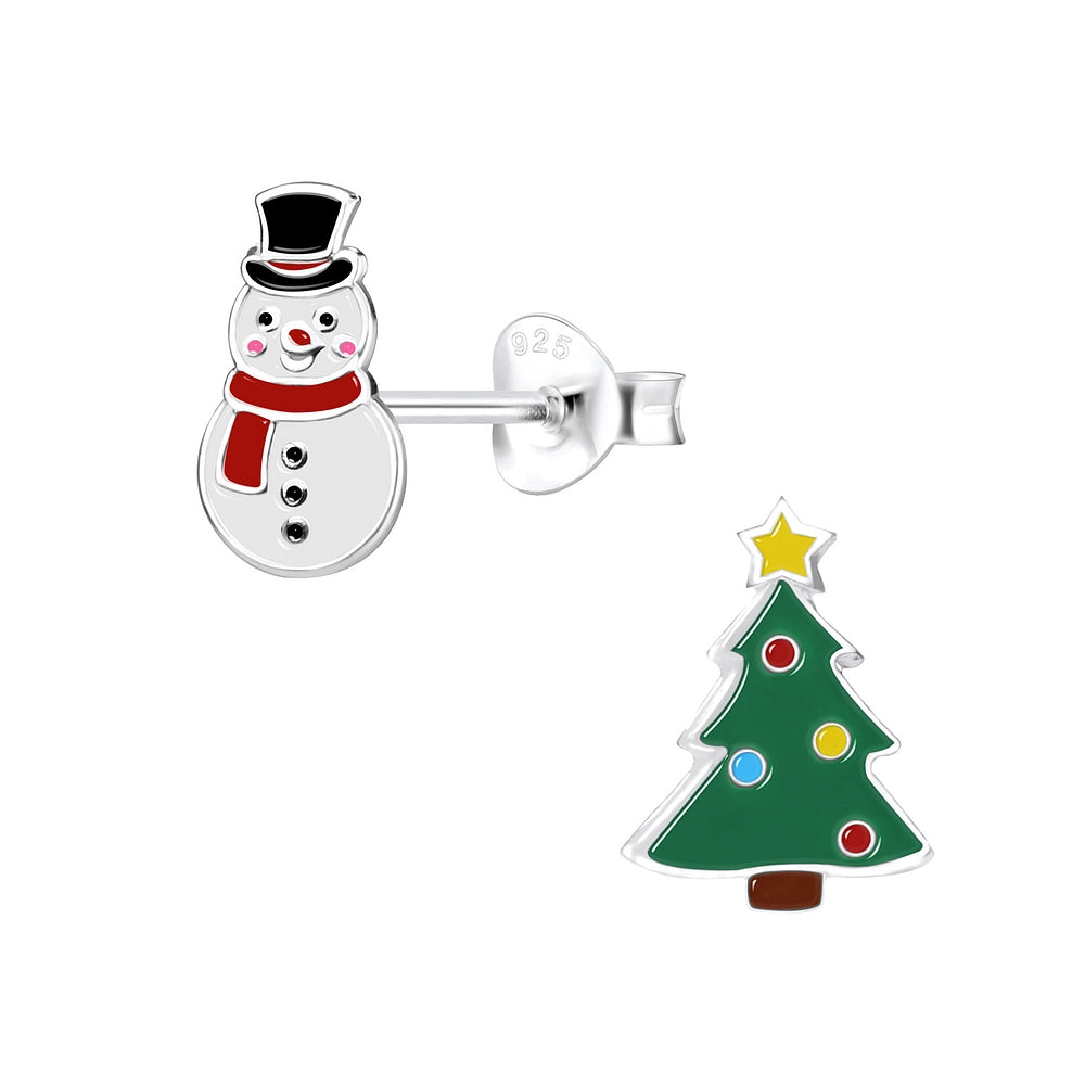 Children's Sterling Silver Christmas Tree & Snowman Stud Earrings