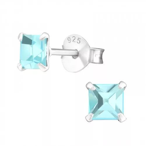 Sterling Silver Small Aqua Square Stud Earrings