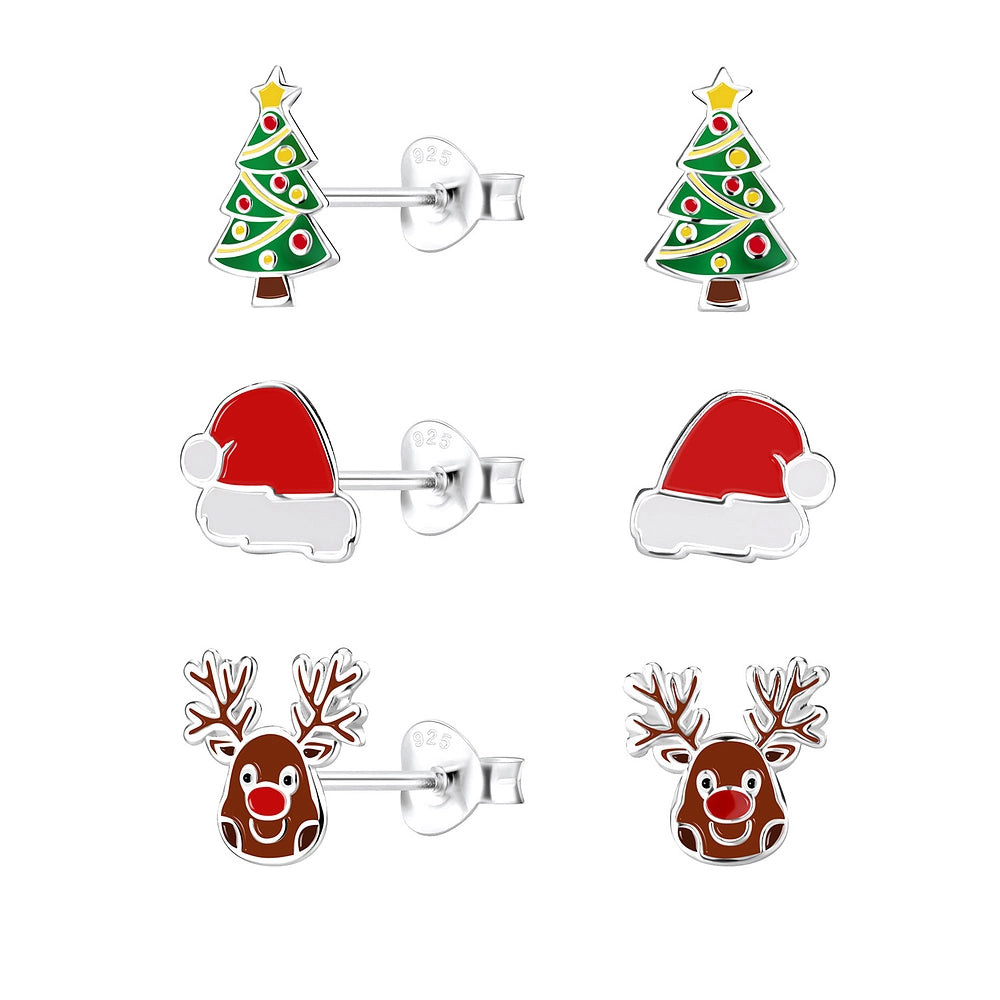 Children's Sterling Silver Christmas Holiday Stud Earrings Set of 3