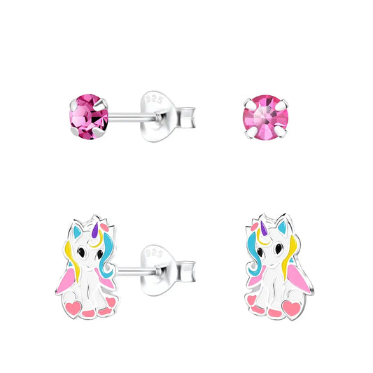 Children's Sterling Silver Pink Unicorn Stud Earrings Set of 2