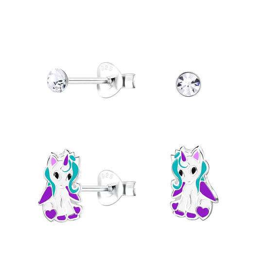 Children's Sterling Silver Unicorn Stud Earrings Set of 2