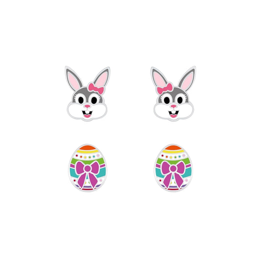 Children's Sterling Silver Set Easter Bunny & Egg Stud Earrings