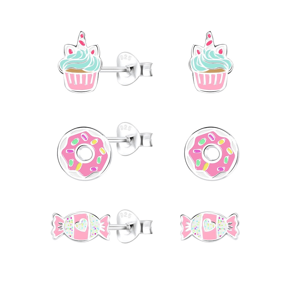 Children's 925 Sterling Silver Set of 3 Sweet Treats Stud Earrings