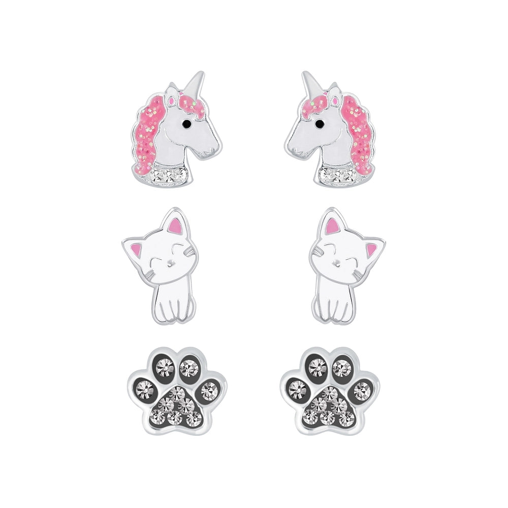Children's Sterling Silver Set of 3 Pairs Animal Themed Stud Earrings
