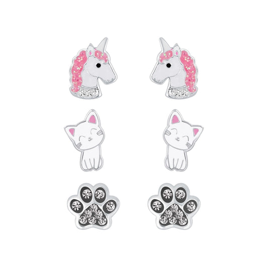 Children's Sterling Silver Set of 3 Pairs Animal Themed Stud Earrings