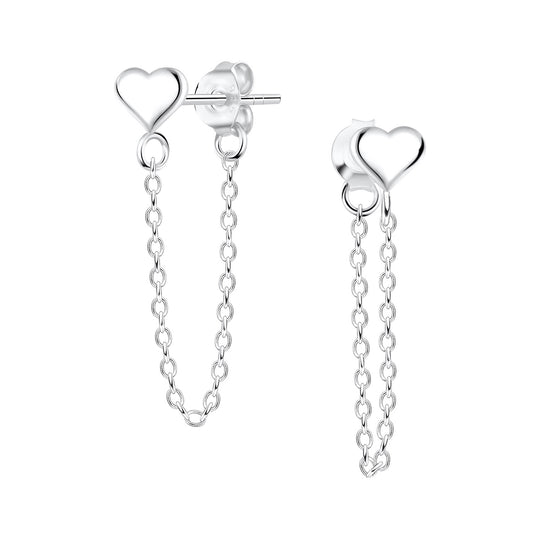 Sterling Silver Heart Stud Chain Earrings