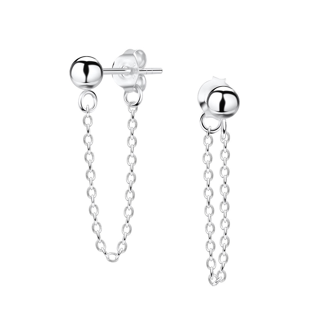 Sterling Silver Ball Stud Chain Earrings