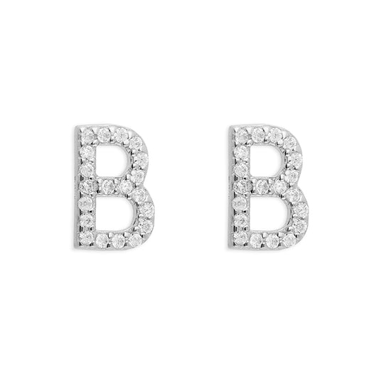 Sterling Silver Cubic Zirconia Alphabet Letter B Stud Earrings