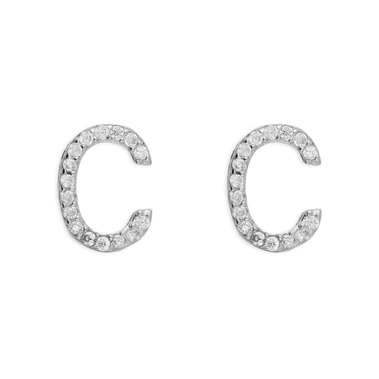 Sterling Silver Cubic Zirconia Alphabet Letter C Stud Earrings