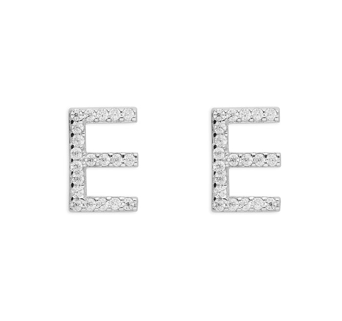 Sterling Silver Cubic Zirconia Alphabet Letter E Stud Earrings